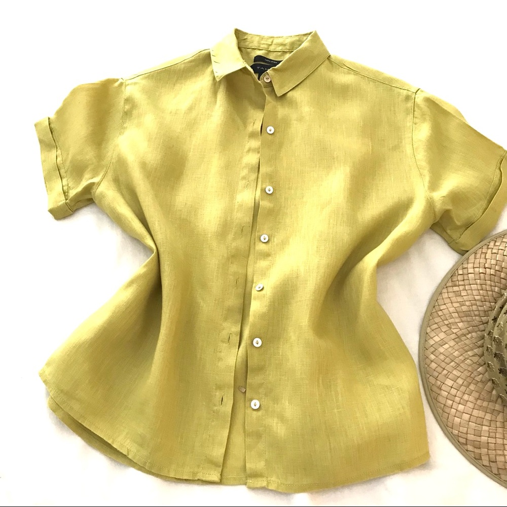 Rachael Roy 100% linen short sleeve chartreuse bottom down shirt